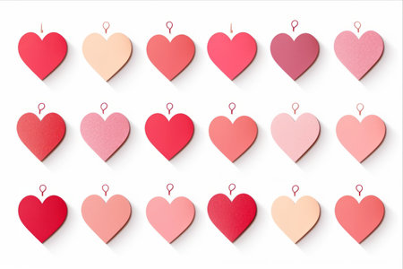 Vibrant Collection of Heart-Shaped Stickers: Red and Pink Paper Mock Up Tags, Isolated on White Backgroundの素材