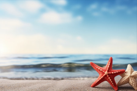 Immersed in the Beauty: A Vibrant Summer Scene of Red Starfish and a Serene Sea Viewの素材
