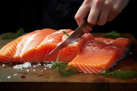 Delicious and Precise: Mastering the Art of Cutting Salmon Slices in a 3:2 Ratioの素材