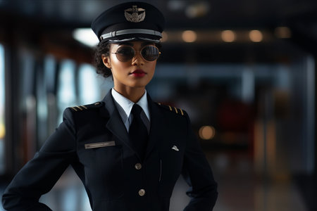 The Empowered Sky Guardian: A Daring African American Female Pilot in Uniform Takes Commandの素材