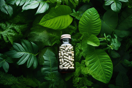 Pill Bottle Resting on Lush Green Leaves: A Captivating Blend of Health and Serenityの素材