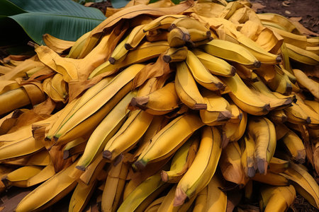 Fading Beauty: A Pile of Cut Banana Leaves, Yellowing and Dotted with Dried Brownsの素材