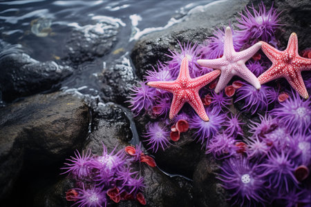 Enchanting Encounter: Vibrant Purple Starfish and Anemones Adorning the Rock Sea Wall --ar 3:2の素材