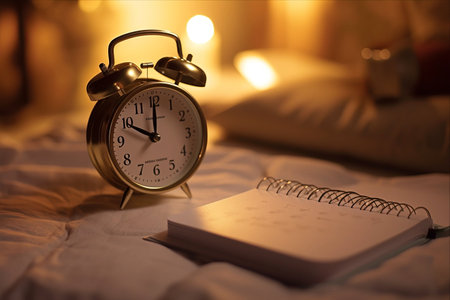 Time Management in Focus: The Alarm's Reminder Amidst a Notepad and Penの素材