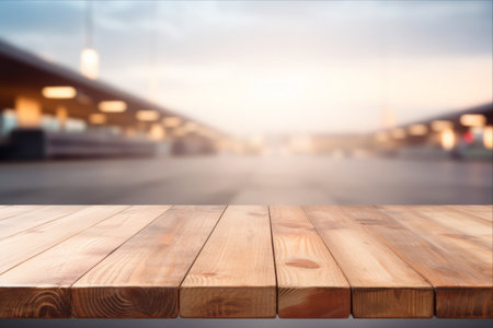 Natural Elegance: Pine Wood Displayed on Abstract Airport Backdrop - Perfect for Showcasing Productsの素材