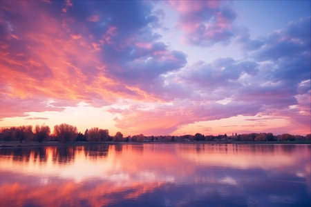 Blushing Skies: A Serene Pink and Grey Sunset above the Enchanting Parkの素材