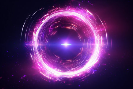Electric Magnetic Extravaganza: Vibrant Pink & Purple Futuristic Space Particles Encased in a Bright Round Energy Structure.の素材