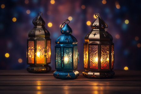 Ethereal Ramadan Glow: Lanterns Illuminating a Rustic Wooden Tableの素材