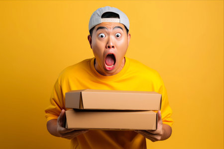 Delivery Surprise: Startled Asian Man Realizes He Forgot an Important Meeting - Vibrant Yellow Studio Backdrop Adds Dramaの素材