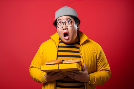Surprised Asian Man with Delivery Food Boxes in Yellow Studio Realizes Critical Meetingの素材