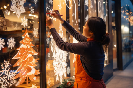 Enchanting Asian Woman Adorns Cafe Window with Festive Stickers, Embracing Christmas and New Year's Spiritの素材