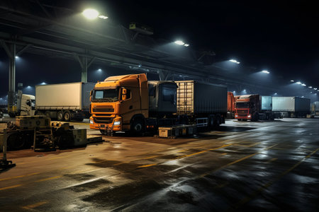 The Crucial Role of Transport Trucks in the Industrial Business of Goods Delivery and Transportation: A Nightly Scene at the Terminalの素材