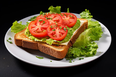 The Nutritious Delight: A Close-up of Delicious Toast with Salad, Fresh Vegetables, Lettuce, and Tomato on a Crisp White Background - Start Your Day Right with a Wholesome Breakfast!の素材
