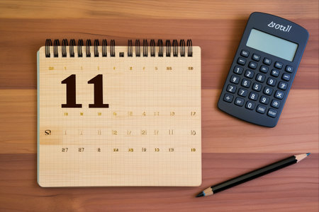 Organize Your August: A Stunning Office Calendar with Pencils, Pens, and Ruler on a Brown Wooden Backgroundの素材