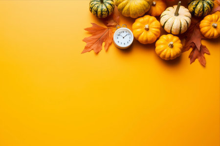 Harvest Hues: Embracing Autumn with Pumpkins, Fallen Leaves, and a Vibrantly Yellow Calendar - A Captivating Birds-Eye View in 3:2 Aspect Ratioの素材