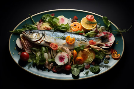 A Healthy Delight: Fish and Vegetables Dish in an Artistic 3:2 Arrangementの素材
