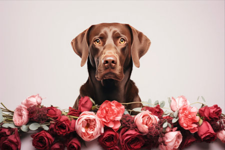 Blooming Paws: A Beautiful Canine with Flowers on a Pure White Canvasの素材