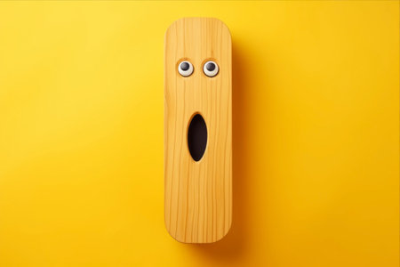 Vibrant Exclamation Mark on Wooden Background: Customize Your Message with Copyspace!の素材