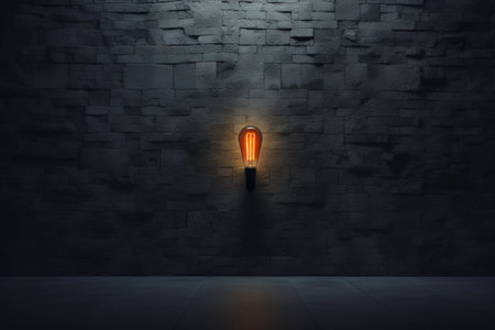Captivating Exclamation Mark Design: Illuminated Spotlight against Textured Black Wall Backgroundの素材