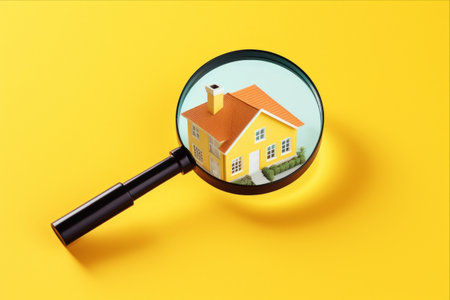 Investigating the Perfect Home: The Quest Through a Magnifying Glass on a Vibrant Yellow Background [3:2 Aspect Ratio]の素材