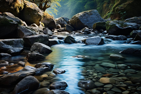 Flowing Serenity: A Captivating 3:2 View of Water over a Rocky Streambedの素材