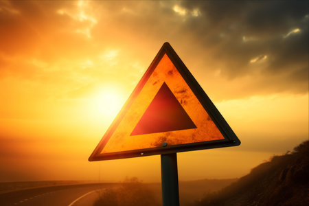 Danger Ahead! A Vivid Yellow Warning Triangle Demands Attention Against a Stunning Sunset Skyの素材