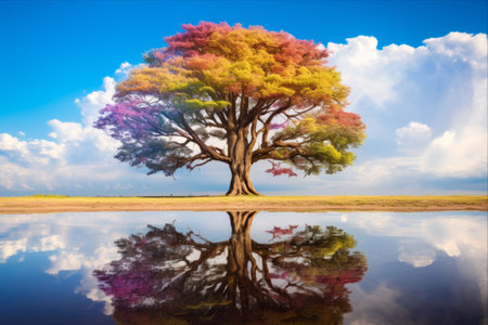 Vibrant Rainbow-Colored Tree Panorama: An Eye-Catching 3:2 Masterpieceの素材
