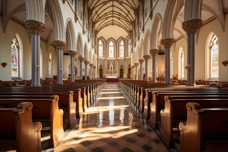 Sanctuary Serenity: Exploring the Beautiful Interior of a Catholic Church and its Benches in AR 3:2の素材