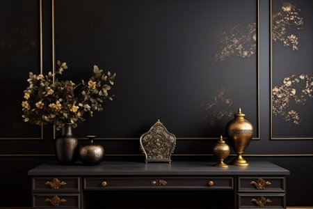 Luxurious Classic Black Wall Adorned with Gold Elements and Frame: A Captivating Mockup Designの素材