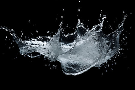 Captivating Splash: A mesmerizing frozen shot of water droplets in mid-air, creating a visually stunning form against a black backgroundの素材