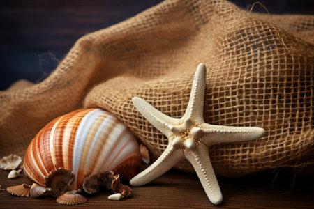 A Coastal Symphony: Shell and Starfish Dancing on a Brown Fishing Net and Wooden Backgroundの素材