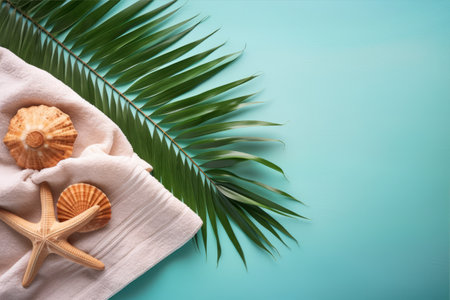 Seaside Serenity: A Captivating Flat Lay Composition of Shells, Starfish, Towel, and Palm Leaf on Vibrant Color Backgroundの素材