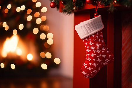 Festive Delights: Red Christmas Socks Adorning the Fireplace with Classic Christmas Flairの素材