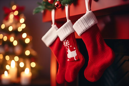 Festive Red Christmas Socks Draping by the Fireplace: A Whimsical Blend of Holiday Materials and Christmas Cheerの素材