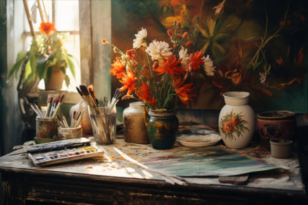 Captivating Painter Studio: Exploring Decorative Elements on the Table -- AR 3:2の素材
