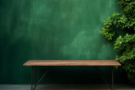 Captivating Contrast: A Serene Green Wall Backdrop Enhances an Empty Wooden Table (3:2 High Quality Photo)の素材