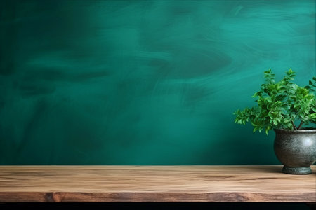 {title: Aesthetic Empty Wooden Table Against a Vivid Green Wall Background: High Quality Photo}の素材