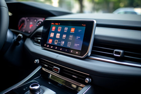 Captivating Noise-Infused Shot of Car Android Infotainment Player in Rimbayu, Malaysiaの素材