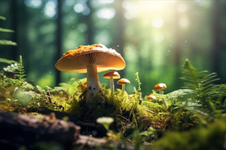 Enchanting Panoramic View: Lush Green Coniferous Forest Amidst a Fresh Healthy Mushroom Playground - Embracing the Magic of Generative AIの素材