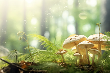 Enchanting AI-Generated Panoramic View of Fresh Healthy Mushrooms in Lush Green Coniferous Forestの素材