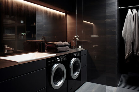 Efficiently Clean with Sleek Washing Machine in Modern Bathroom: Illuminating the Dark with Style - AR 3:2の素材