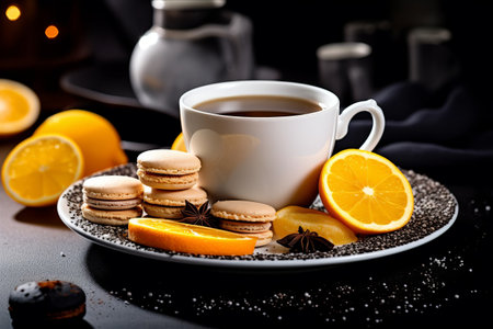 Tantalizing Citrus Infusion: A Delightful Scene of Citrus Slices, Tea, Coffee, Cookies, Macarons, and Sugarの素材