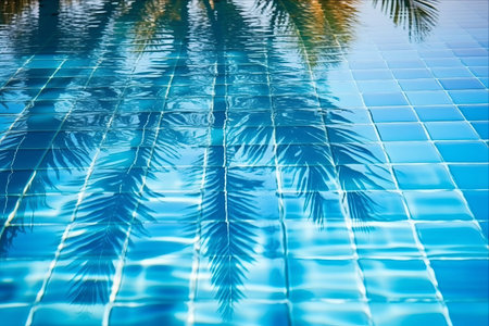 Tranquil Travel Escape: Serene Reflections of Palm Trees and Blue Mosaic in Poolの素材