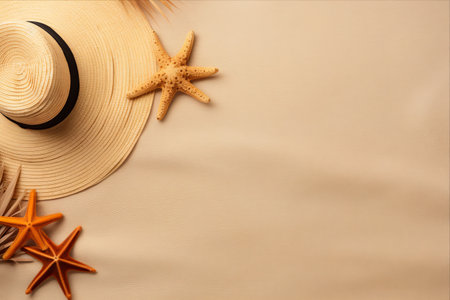 Embracing the Bliss of Summer: A Scenic Top View of an Idyllic Vacation Spot Enclosed in an Empty Circle, Adorned with Essentials like a Straw Bag, Hat, Beach Towel, Palm Leaf, Coconut, Tube Sunscreen, Shells, and a Starfish on Isolated Sandy Background,の素材