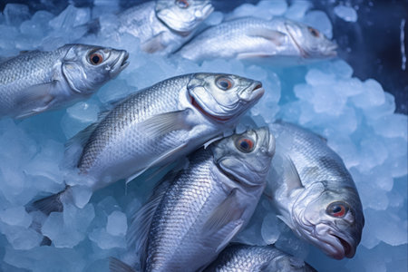 Chilled Delights: Freshly Caught Frozen Fish on Ice â AR 3:2の素材