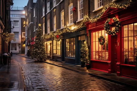 Enchanting Christmas Decorations Adorn Small Paved Street in Vibrant Londonの素材