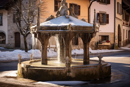 Mystical Charm: A Frozen Fountain Unveils Gruyeres' Medieval Streetscape and Iconic Gruyere Cheeseの素材