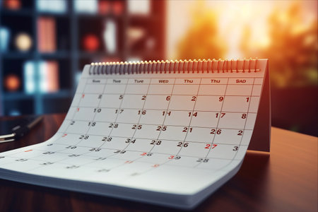Efficiently Managing Business Schedules: A Close-up of Flipping Calendar Pages Promoting Planning, Appointments, and Meetingsの素材