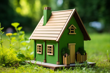 Serene Retreat: A Charming Small Wooden House Situated Against a Lush Green Background (Aspect Ratio 3:2)の素材