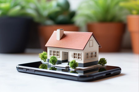 Unveiling a Smart Solution: The Smartphone Displaying a Simplified 3D House Modelの素材